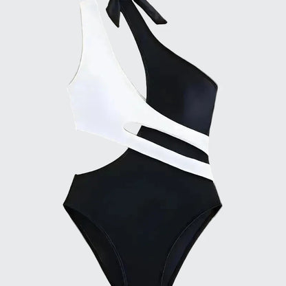 🍒One-piece swimsuit colour block collision single shoulder bathing suit strap design high eastic backless swimwear type european style swimming costume with tie straps  SHOREly CHIC