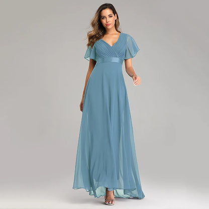 🍒Elegant evening dresses chiffon v-neck ruffle dress long gown for wedding party occasion wear outfit a-line maxi