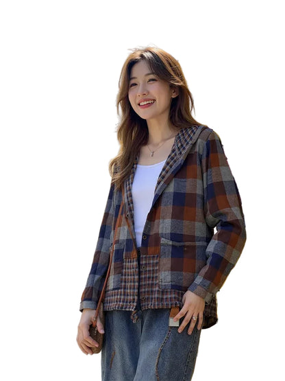 🍒Plaid pocket hood jacket top shirts check blouses spring summer fashion casual wear women check clothing outdoor style cheeky chic check