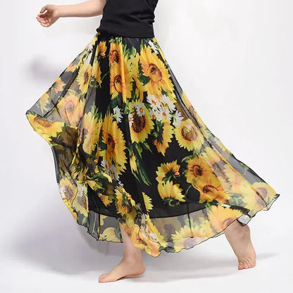 🍒Vintage bohemian long skirt full elegant chiffon fashion beach wear smart casual women high waist maxi skirt outfit summer Clothing Fill Your Basket With Roses
