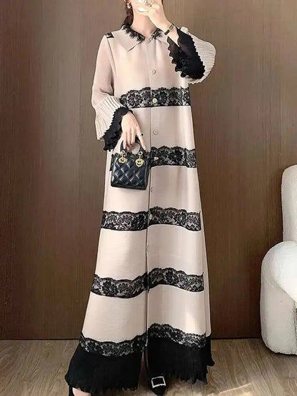 🍒Pleated lace dress with lapels flared sleeve single breasted outfit long elegant midaxi fashion wears smart casual clothing women partywear occasion wear
