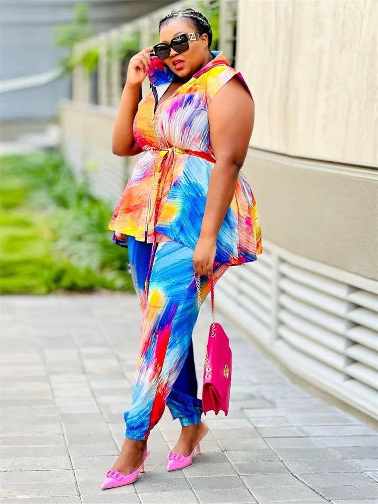 🍒Plus size two piece women colourful party outfit tie dye  sleeveless hoodie set casual loose top and pants matching set beach party clothes holiday wear Get TIEd to Colour I know Your DYEing To