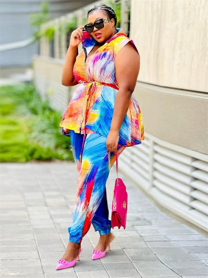 🍒Plus size two piece women colourful party outfit tie dye  sleeveless hoodie set casual loose top and pants matching set beach party clothes holiday wear Get TIEd to Colour I know Your DYEing To