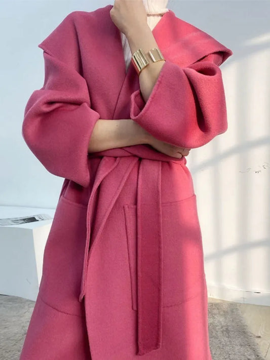 🍒Loose winter coat women solid over coat for women wool hooded coats trendy outerwear oversize vintage female elegant sash and pocket warm street fashion Wrap This Up