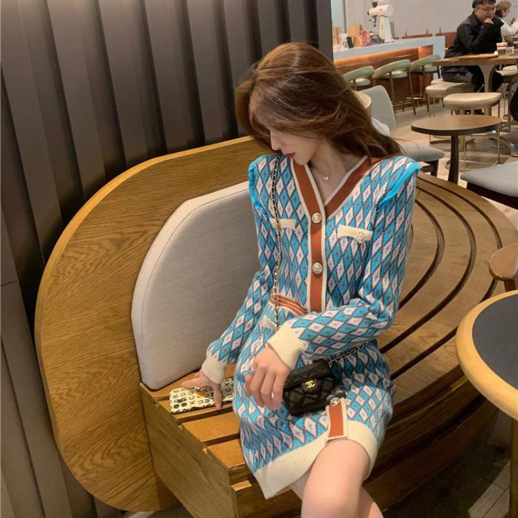 🍒Knitted dress for women v- neck autumn winter fashion french style clothing smart casual female outfit women diamond checkered clothing Playout Plaids