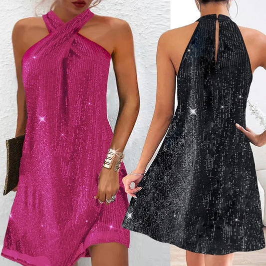 🍒Halter strapless dress sparkly women's clothes strapless sequin  mini outfit sleeveless party wear occasion wear clubbing wear Slip On A-Sensual Slippy Slip