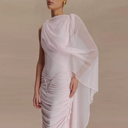 🍒Mesh draped dress solid color outfits o/neck high waist chiffon evening gowns occasion wear maxi shawl dress  Rome-mantic