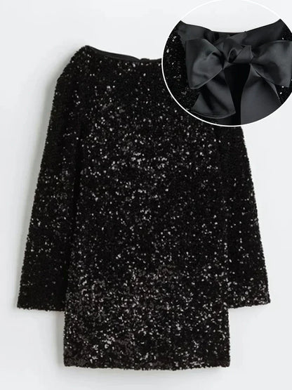 🍒Bow tie sequin dress for women long sleeve shiny mini dress female chic backless evening party dress with back bow crop sequin jacket long sleeve with satin bow front  occasion party wear
