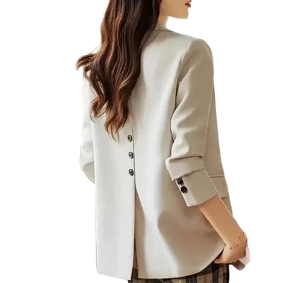 🍒Womens slim blazer spring autumn long sleeve chic office clothing notched lapel solid suit jacket female smart casual clothes  Button Up On style