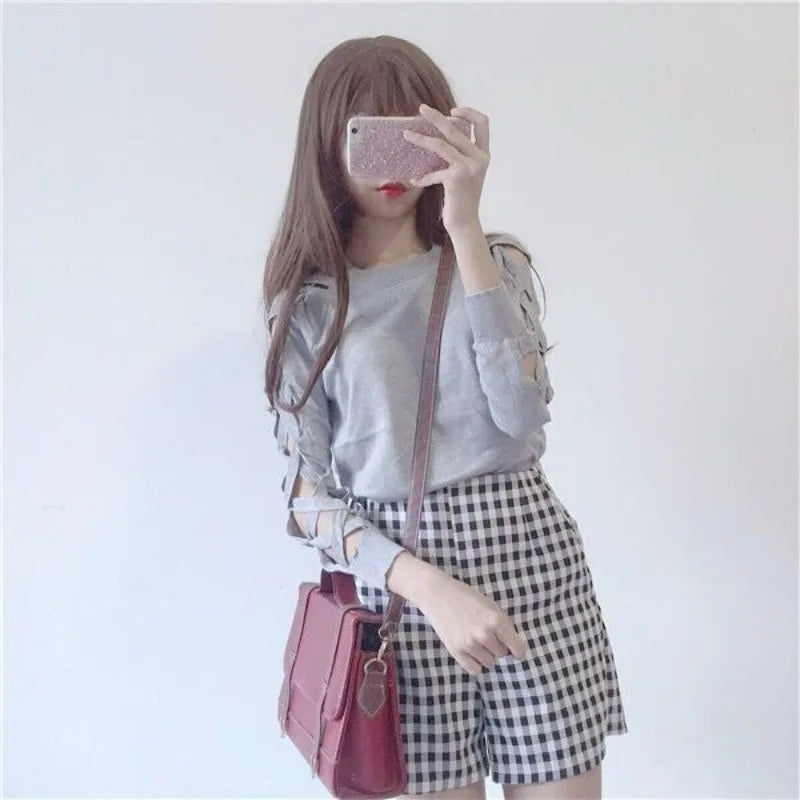 🍒Knitwear top for women Female spring autumn clothes women's long sleeve black top  chic t-shirt with sleeve design