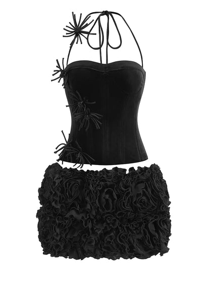 🍒Women's skirt two piece set halter corset top 3d floral outfit corset top with matching skirt mini lace-up back bustier suits celebrity party wear COCK -ya TAIL Cothes