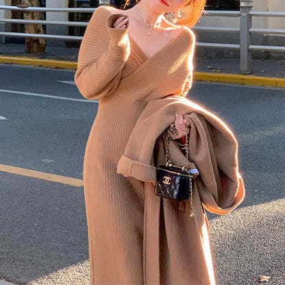 🍒V-neck knit dress criss cross elasticated waist batwing sleeve outfit slim fit elegant autumn winter fashion smart casual wear women Jump Into Knits