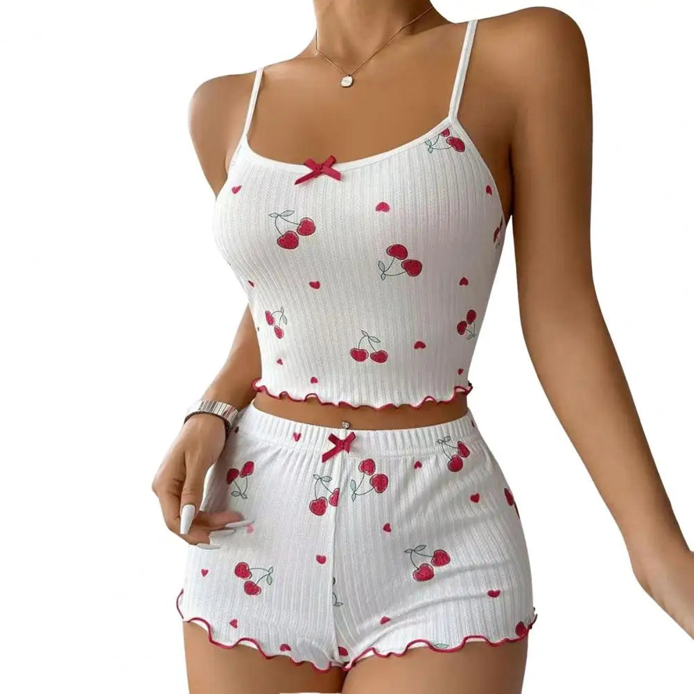 🍒Women vest and shorts set with bow cherry print sphagetti strap top and sleep shorts high waisted loungewear cami set outfit summer sleepwear don't Get SHORT on SLEEPWEAR wear