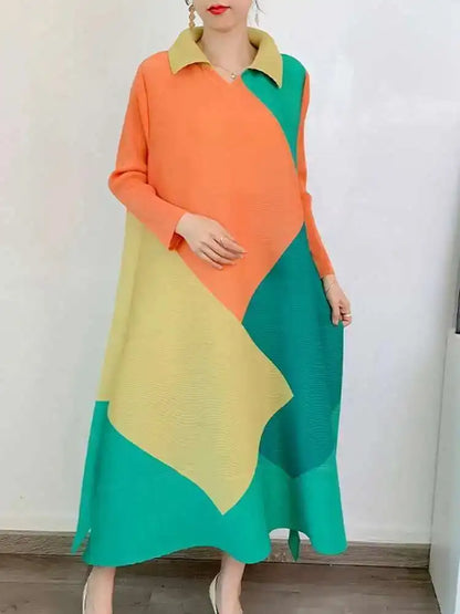 🍒Pleated dress long sleeves colour block outfit midi womens summer loose fashion autumn Clothes smart casual wear Diamond Dress