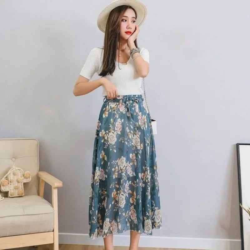 🍒Chiffon a-line skirt high waist long smart casual women trend modest vintage clothing quality fashion wear Floor-all With This Floral