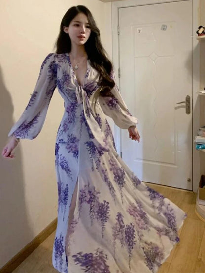 🍒Floral print sweet dresses Y2k aesthetic v-neck bodycon with puff sleeves a-line dress with front slit purple