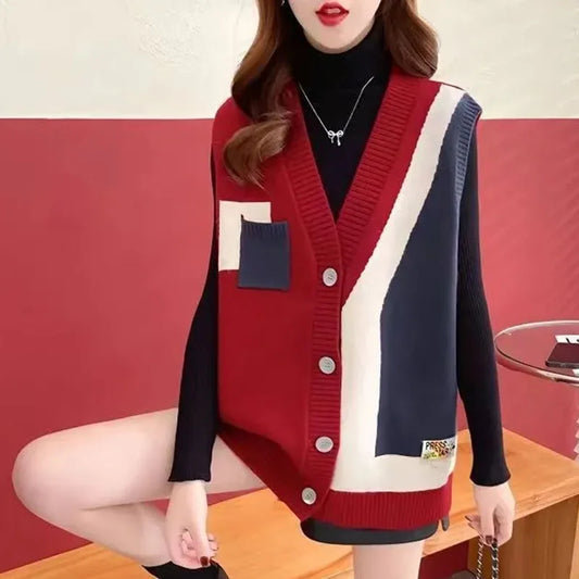 🍒Knitted v-neck vest colour  block waistcoat women sweater sleeveless cardigan pullover for women Flag Your Style