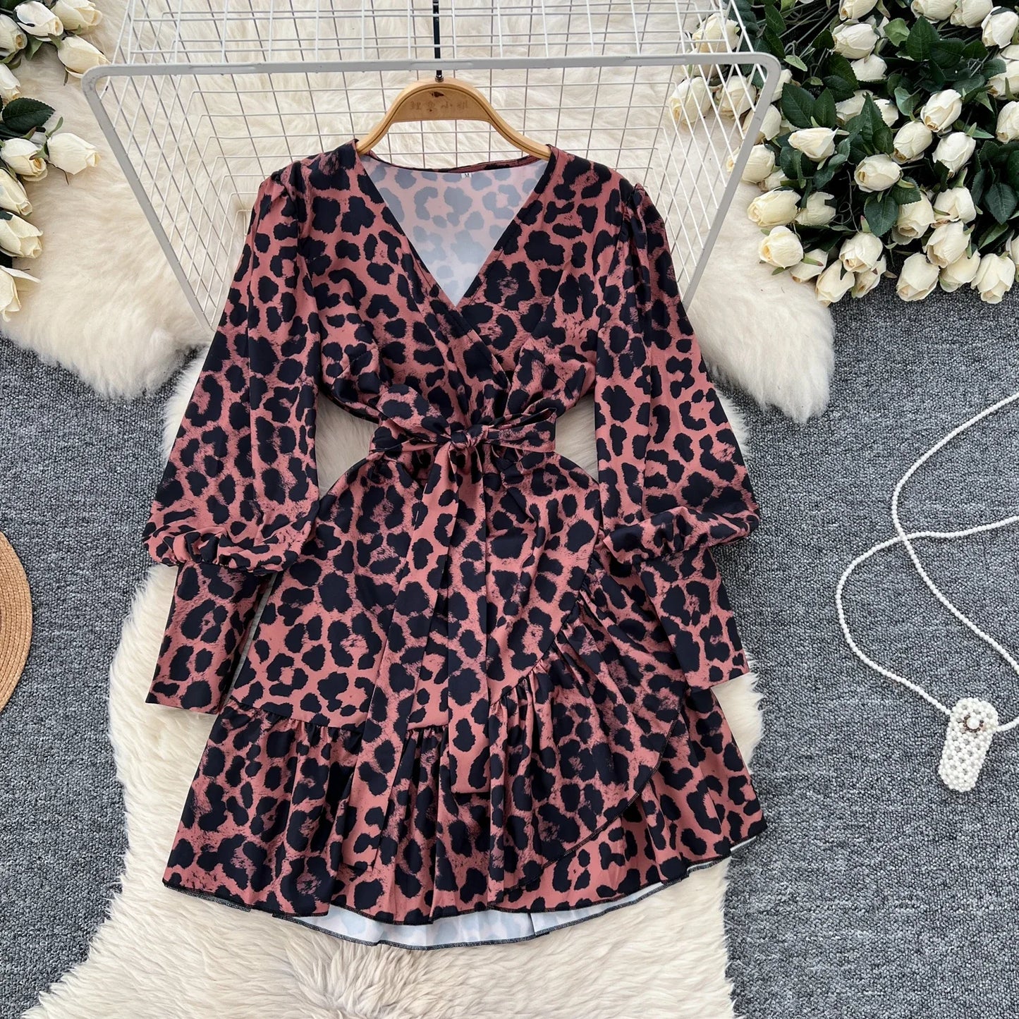 🍒V-neck lantern sleeve dress smat casual women elegant midi ruffle printed short dress french style evening wear chic spring outfits high street autumn fashion Don't Be Short On Minis