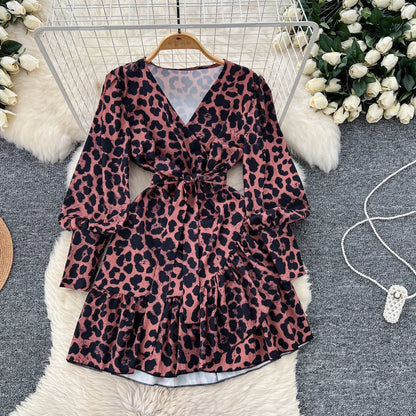 🍒V-neck lantern sleeve dress smat casual women elegant midi ruffle printed short dress french style evening wear chic spring outfits high street autumn fashion Don't Be Short On Minis