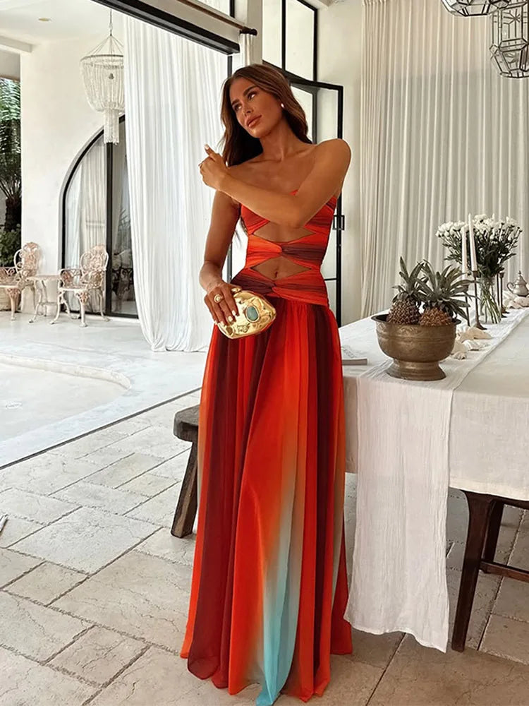 🍒Women's tie-dye gradient fitted waist shoulderless long dress contrast open detail pleated maxi dress with slit chic occasion  party holiday Wear Gravitate To A Gradient