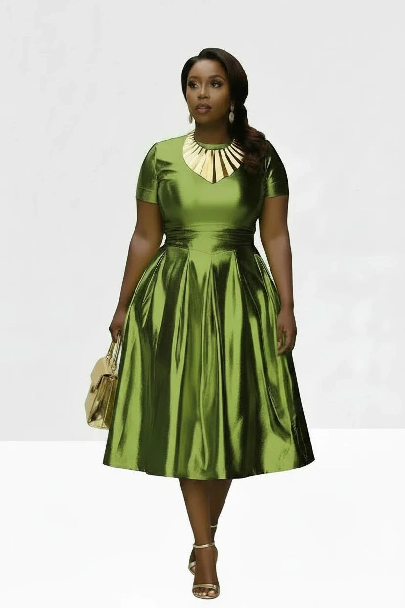 🍒A-line shiny dress metallic short sleeve midi for women plus size outfit fit and flare elastic dress smart casual clothing Summer Stunner