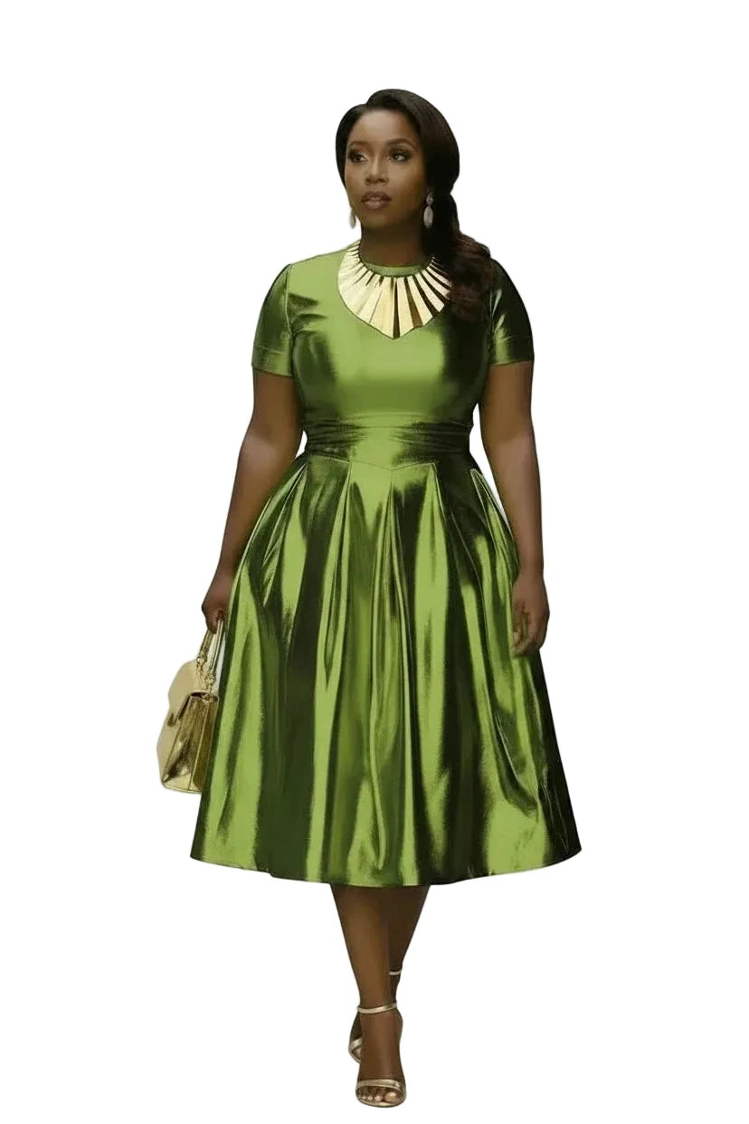 🍒A-line shiny dress metallic short sleeve midi for women plus size outfit fit and flare elastic dress smart casual clothing Summer Stunner