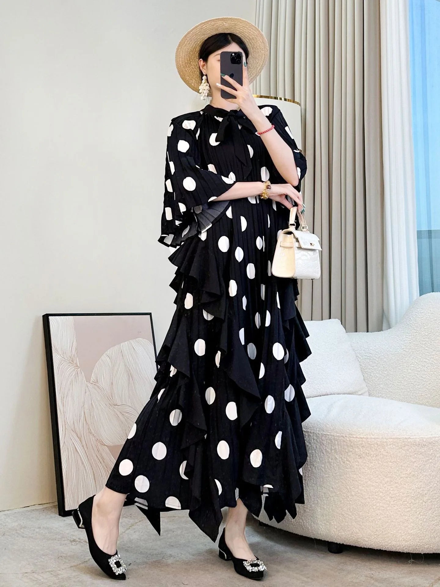 🍒 Dress with polka dots simple pleats and ruffled edges summer outfit looks long loose fit smart primted casual wear loose Fit clothing and Slimming Effect  party occasion clothing Lucky You Spotted this Spot