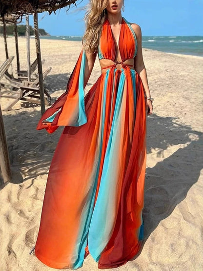 🍒Women's tie-dye gradient fitted waist shoulderless long dress contrast open detail pleated maxi dress with slit chic occasion  party holiday Wear Gravitate To A Gradient
