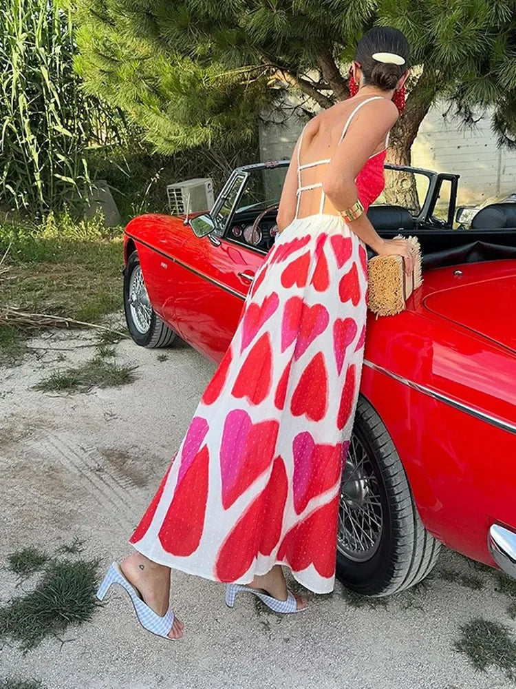🍒Beach party maxi dress summer  fun fashion love print dress for women camisole dress backless sleeveless holiday dress smart casual wear women Sugar Up Your Fashion With A sweet Heart