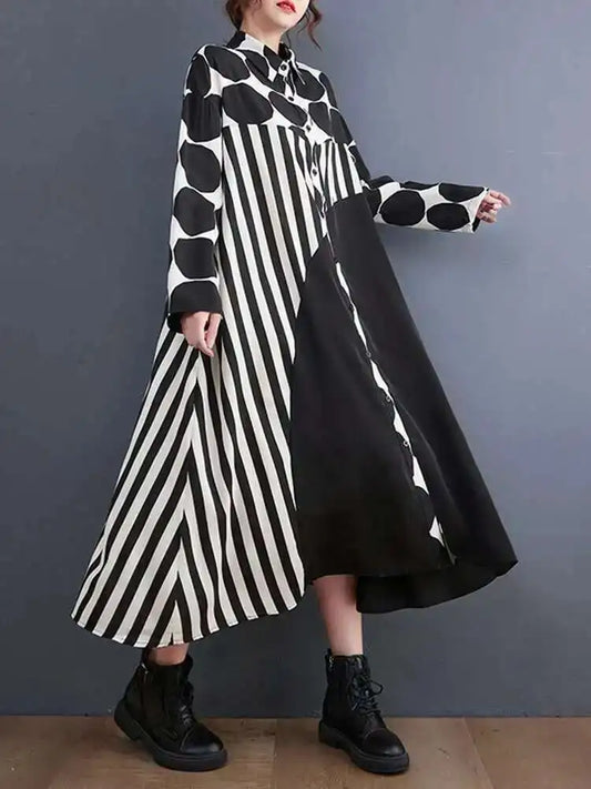 🍒Black polka dot a-line dress plus size Asymmetry shirt dress midi women's long sleeve summer outfits fashion smart casual Get An Angle On A- Triangle