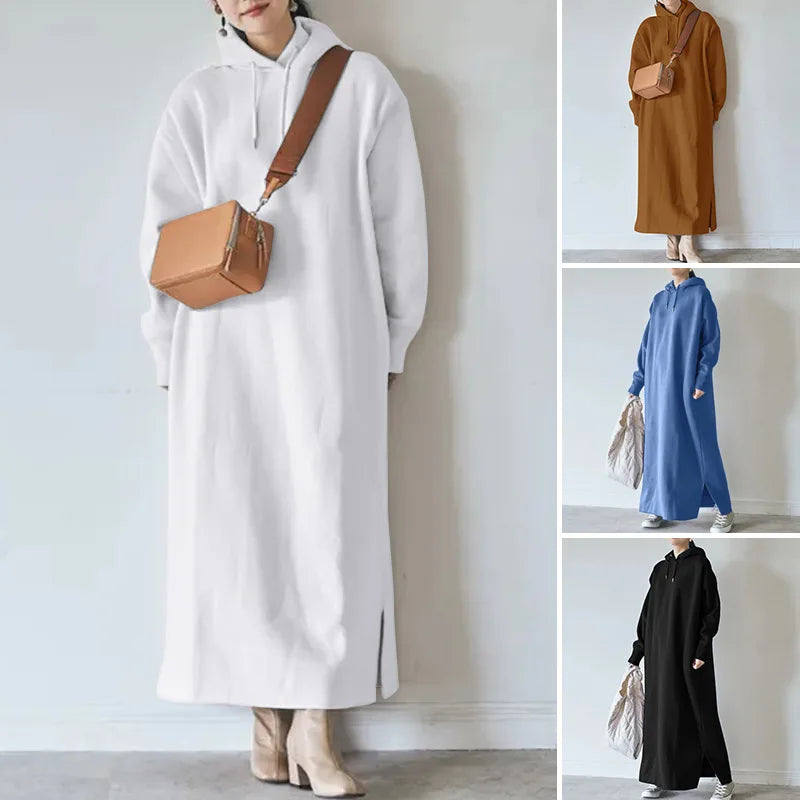 🍒Maxi hoodie dress loose autumn long dress sweatshirt spring female tie collar baggy casual outfits straight dresses JYFS-2175 Maximum Comfort