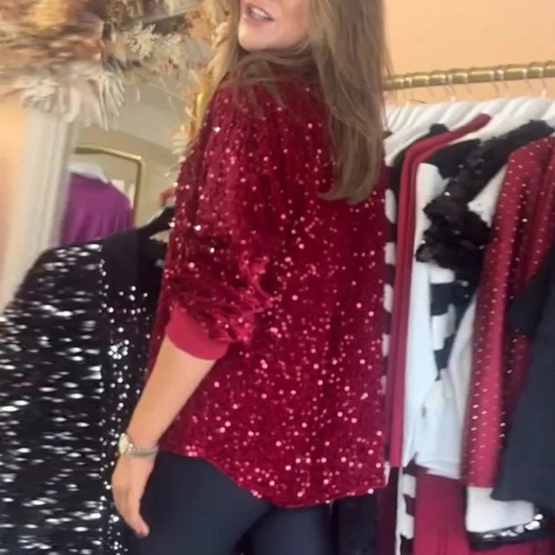 🍒Sparkly sequin blouse womens party shirt single breasted lapel long sleeve occasion wear top Glissy Gold