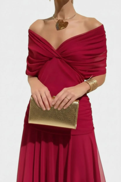 🍒Spring summer printed v-neck mesh off-shoulder dress versatile party outfits for vacation and weddings smart casual chiffon evening dress for women solid feminine clothing Off The Charts Off Shoulder