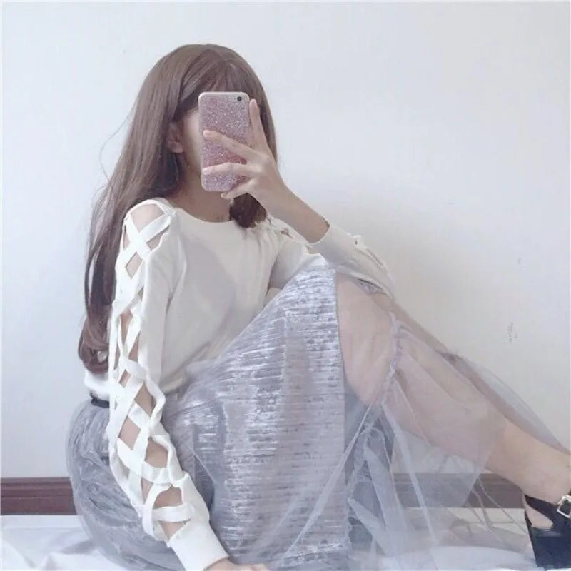 🍒Knitwear top for women Female spring autumn clothes women's long sleeve black top  chic t-shirt with sleeve design