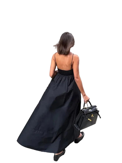 🍒Solid backless spaghetti strap dress women's summer fashion loose high waist a-line outfit summer holiday wear Back Black