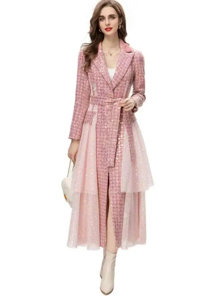 🍒Sequin trench coat design with mesh long sleeve coat with belt for women special occasion outerwear with fitted waist single breasted fashion feminine outdoor clothing