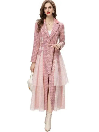 🍒Sequin trench coat design with mesh long sleeve coat with belt for women special occasion outerwear with fitted waist single breasted fashion feminine outdoor clothing