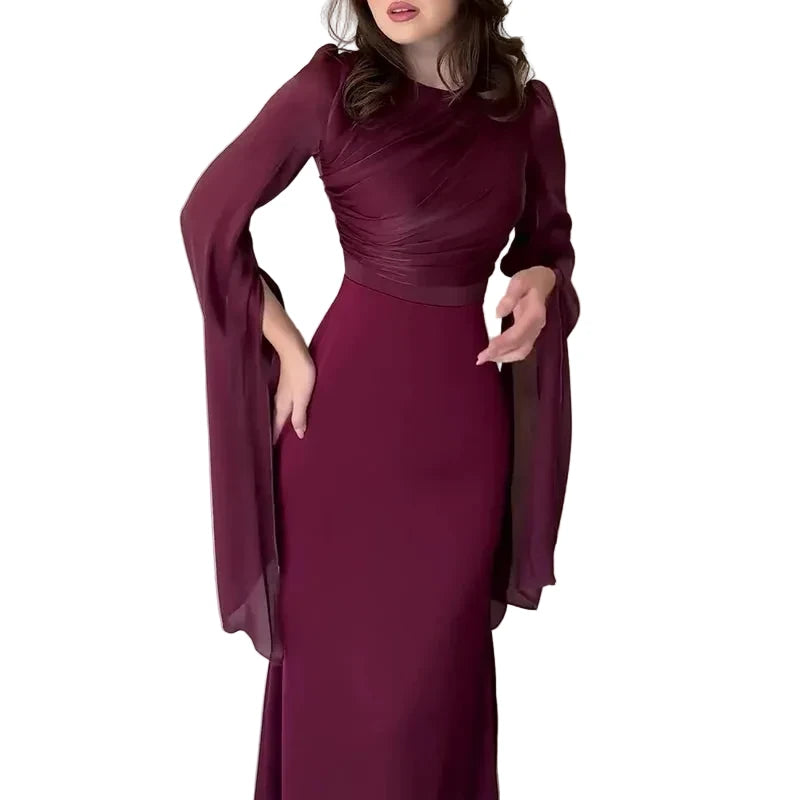 🍒Chiffon gown for women solid dress o-neck slim elegant evening wear bell sleeve high Waist outfit pleats long party occasion wear No Need To Ring For This Bell