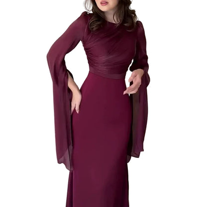 🍒Chiffon gown for women solid dress o-neck slim elegant evening wear bell sleeve high Waist outfit pleats long party occasion wear No Need To Ring For This Bell