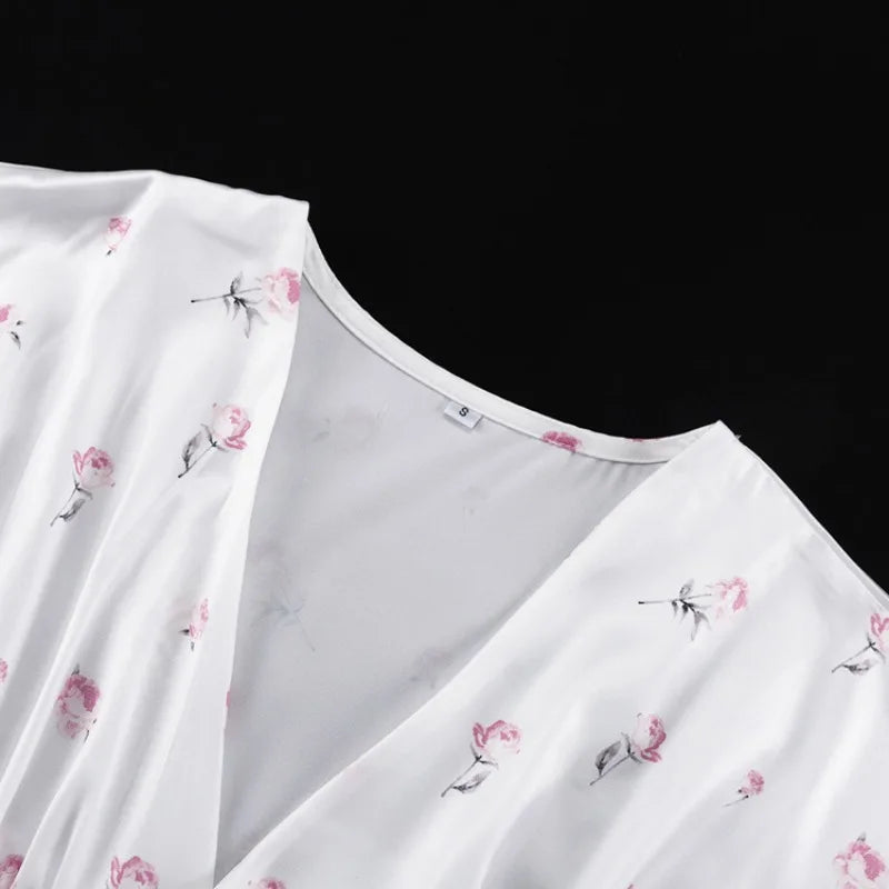 🍒White floral satin maxi dress for women casual or occasion wedding guest beach vacation outfit flower printed v-neck dress womens fashion slim fit waist short butterfly sleeve long summer wear with short sleeves high waist cute comfy casu-casion