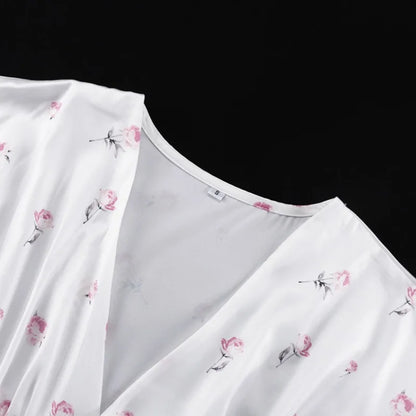🍒White floral satin maxi dress for women casual or occasion wedding guest beach vacation outfit flower printed v-neck dress womens fashion slim fit waist short butterfly sleeve long summer wear with short sleeves high waist cute comfy casu-casion