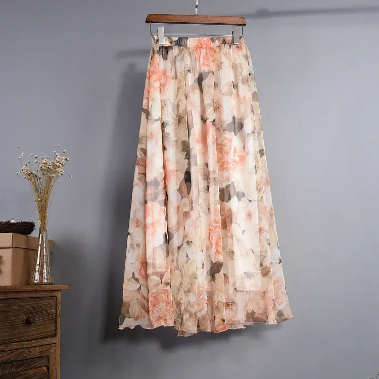 🍒Vintage bohemian long skirt full elegant chiffon fashion beach wear smart casual women high waist maxi skirt outfit summer Clothing Fill Your Basket With Roses