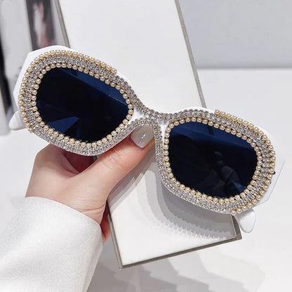 🍒Diamond square sunglasses with pearls women fashion luxury rhinestone trendy shades for women female sun shades polygon eyewear for women uv 400 protection Have Your Say In A Pearly Cool Way