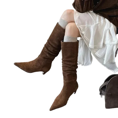 🍒Autumn winter womens footwear cow suede leather heeled boots pointed toe high heel slip-on knee high western footwear No Per-SUEDEing Neccessary