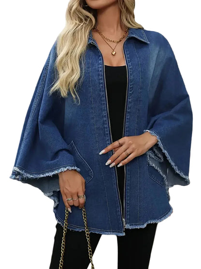 🍒Denim jacket women y2k pocket coat zipper poncho with turn down collar batwing sleeves  outerwear loose casual BAT For The DENIM team And WINg
