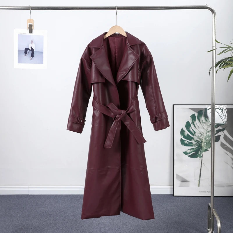 🍒faux leather women coat with lapel long Y2K solid belt and pocket long sleeve pu trench fall winter outwear female Faux Fans Fast Forward