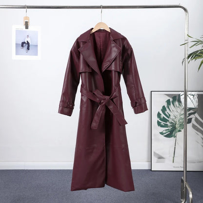 🍒faux leather women coat with lapel long Y2K solid belt and pocket long sleeve pu trench fall winter outwear female Faux Fans Fast Forward