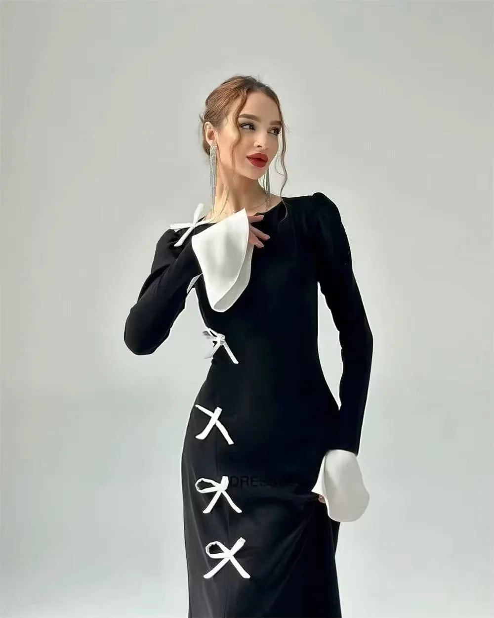 🍒Black evening dresses long flared sleeves side slit outfit party evening gown with bows maxi occasion dress black and white Walk Your Pretty Side