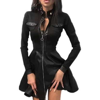 🍒Pu leather dress for women  lace mesh sleeve mixed media fashion party dress mini elegant stand neck collar a-line outfit Pretty Plaid Pu