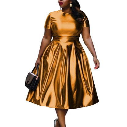 🍒A-line shiny dress metallic short sleeve midi for women plus size outfit fit and flare elastic dress smart casual clothing Summer Stunner